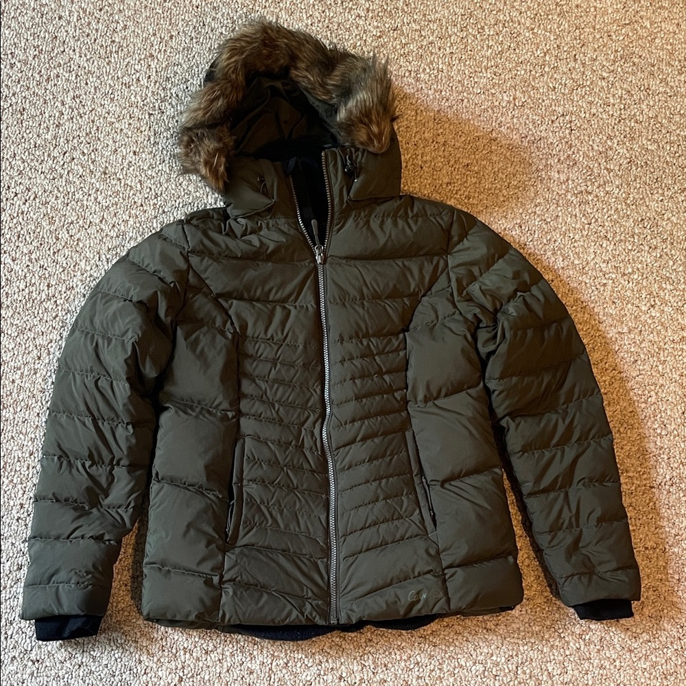 Cabela's Olive Puffer Jacket with Faux Fur Trim